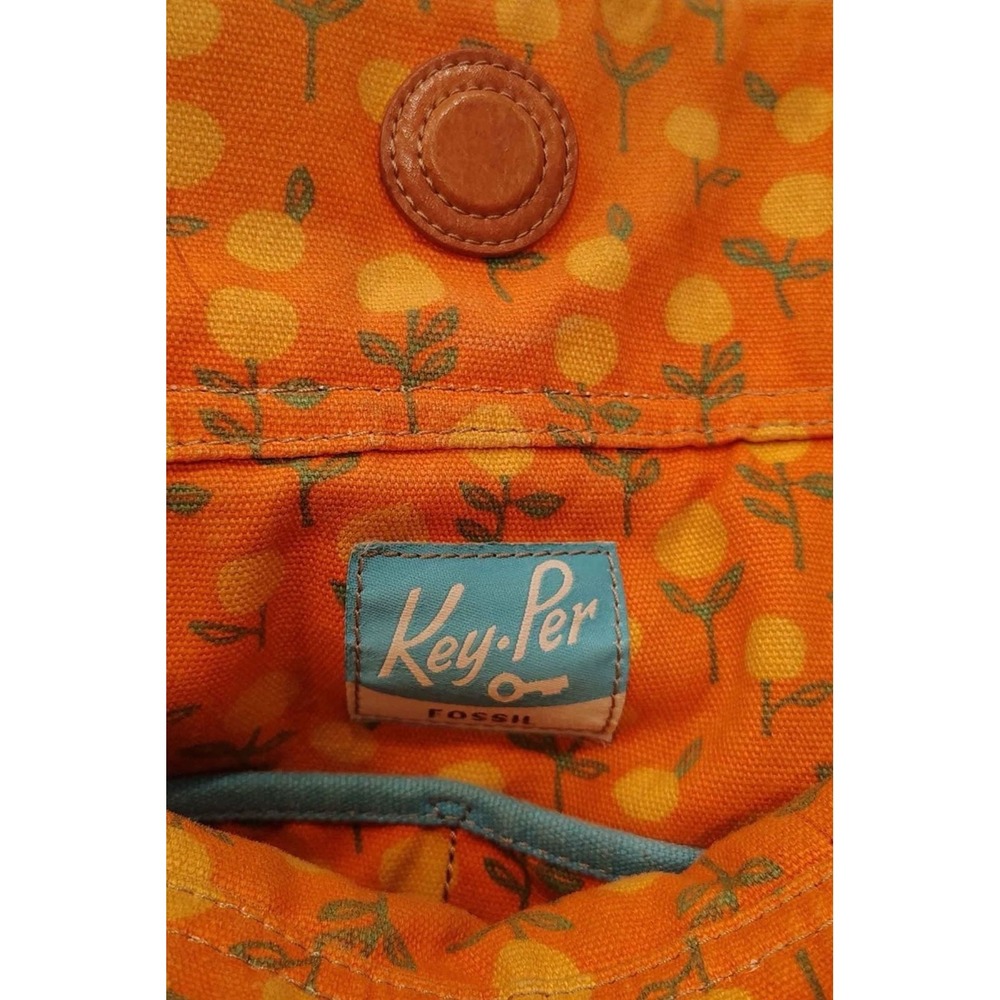 Fossil Key-Per Coated Canvas Tote Bag Birdcage Floral Print Orange Blue Vintage - Picture 4 of 5
